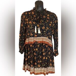 NWT Floral Bohemian boho cottage core feminine prairie flirty Dress Tassels Lrg